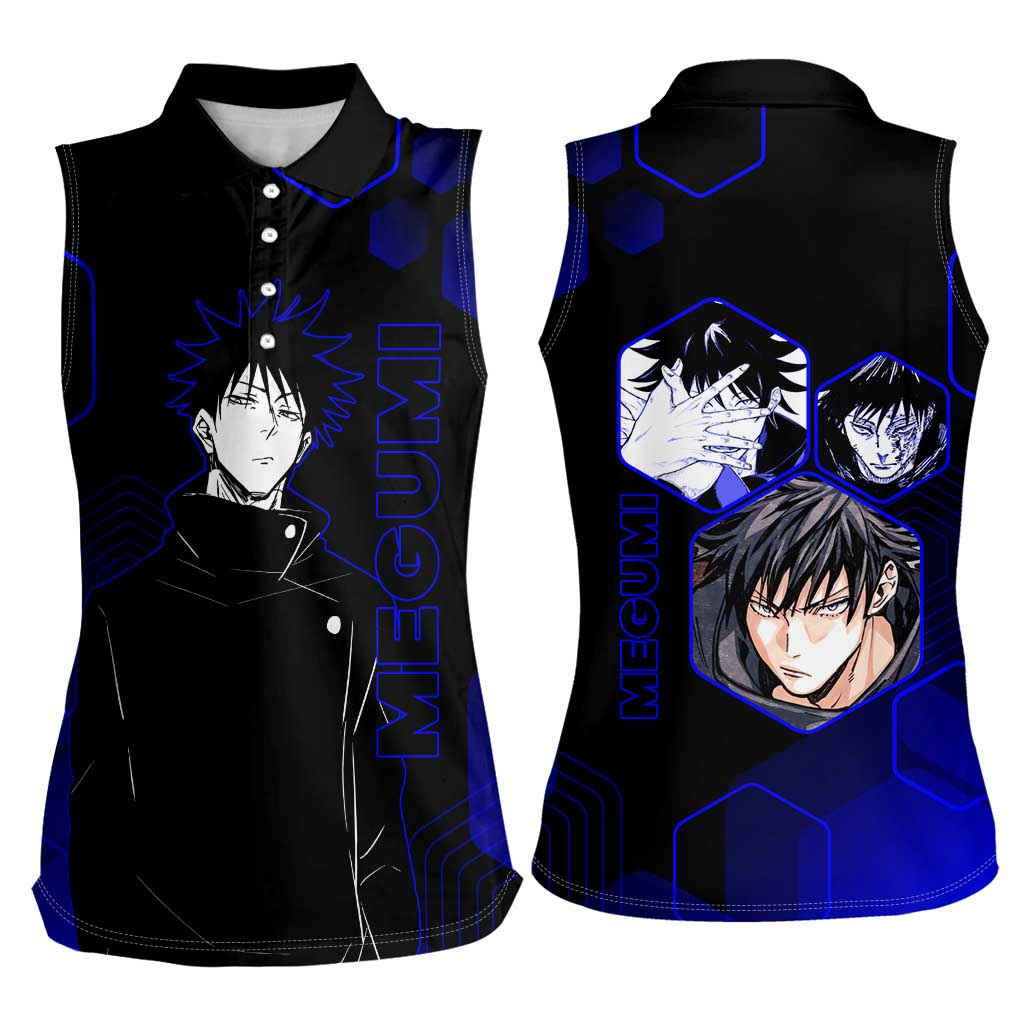 Megumi Fushiguro Jujutsu Kaisen Blue Hexagon Design Women Sleeveless Polo Shirt with Shadow Techniques and Manga Style Art - The Mazicc