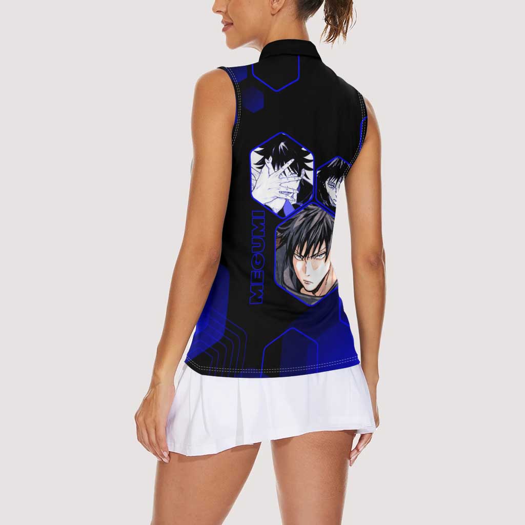 Megumi Fushiguro Jujutsu Kaisen Blue Hexagon Design Women Sleeveless Polo Shirt with Shadow Techniques and Manga Style Art - The Mazicc