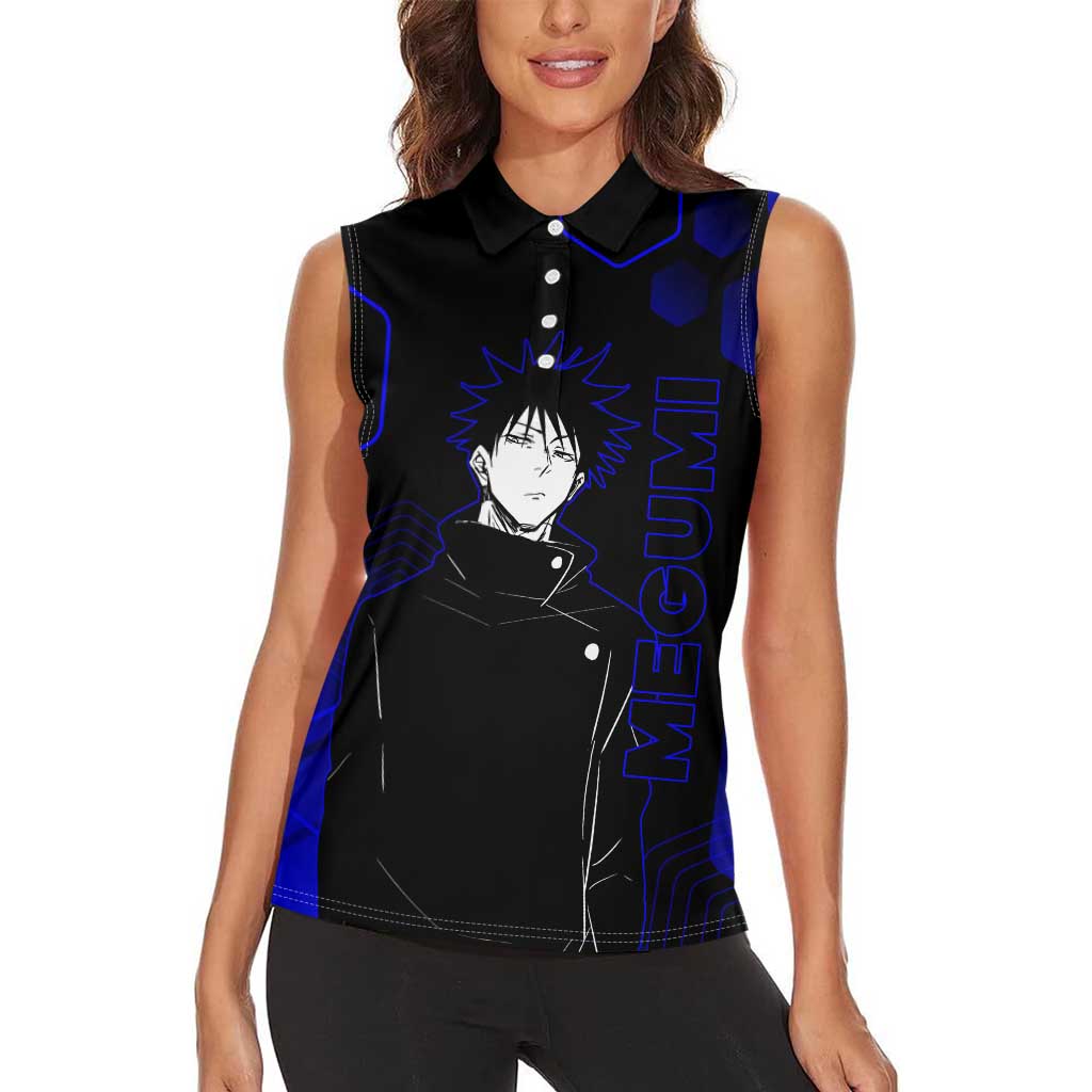 Megumi Fushiguro Jujutsu Kaisen Blue Hexagon Design Women Sleeveless Polo Shirt with Shadow Techniques and Manga Style Art - The Mazicc