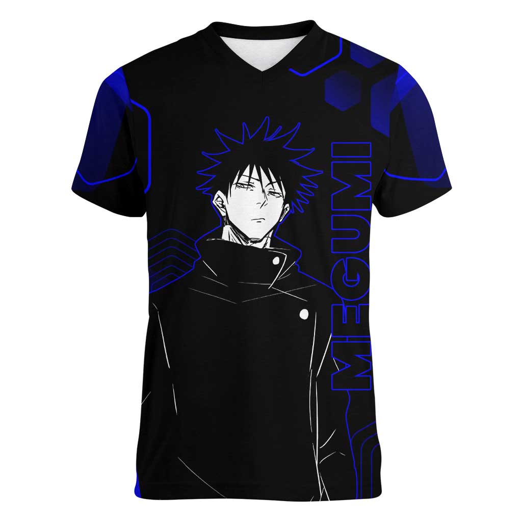 Megumi Fushiguro Jujutsu Kaisen Blue Hexagon Design Women V-Neck T-Shirt with Shadow Techniques and Manga Style Art - The Mazicc
