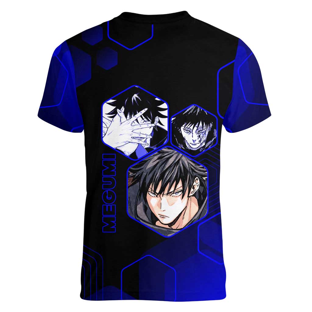 Megumi Fushiguro Jujutsu Kaisen Blue Hexagon Design Women V-Neck T-Shirt with Shadow Techniques and Manga Style Art - The Mazicc