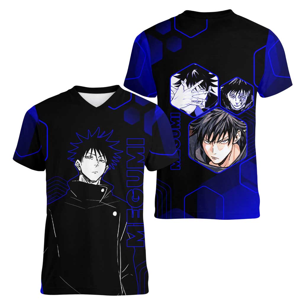 Megumi Fushiguro Jujutsu Kaisen Blue Hexagon Design Women V-Neck T-Shirt with Shadow Techniques and Manga Style Art - The Mazicc