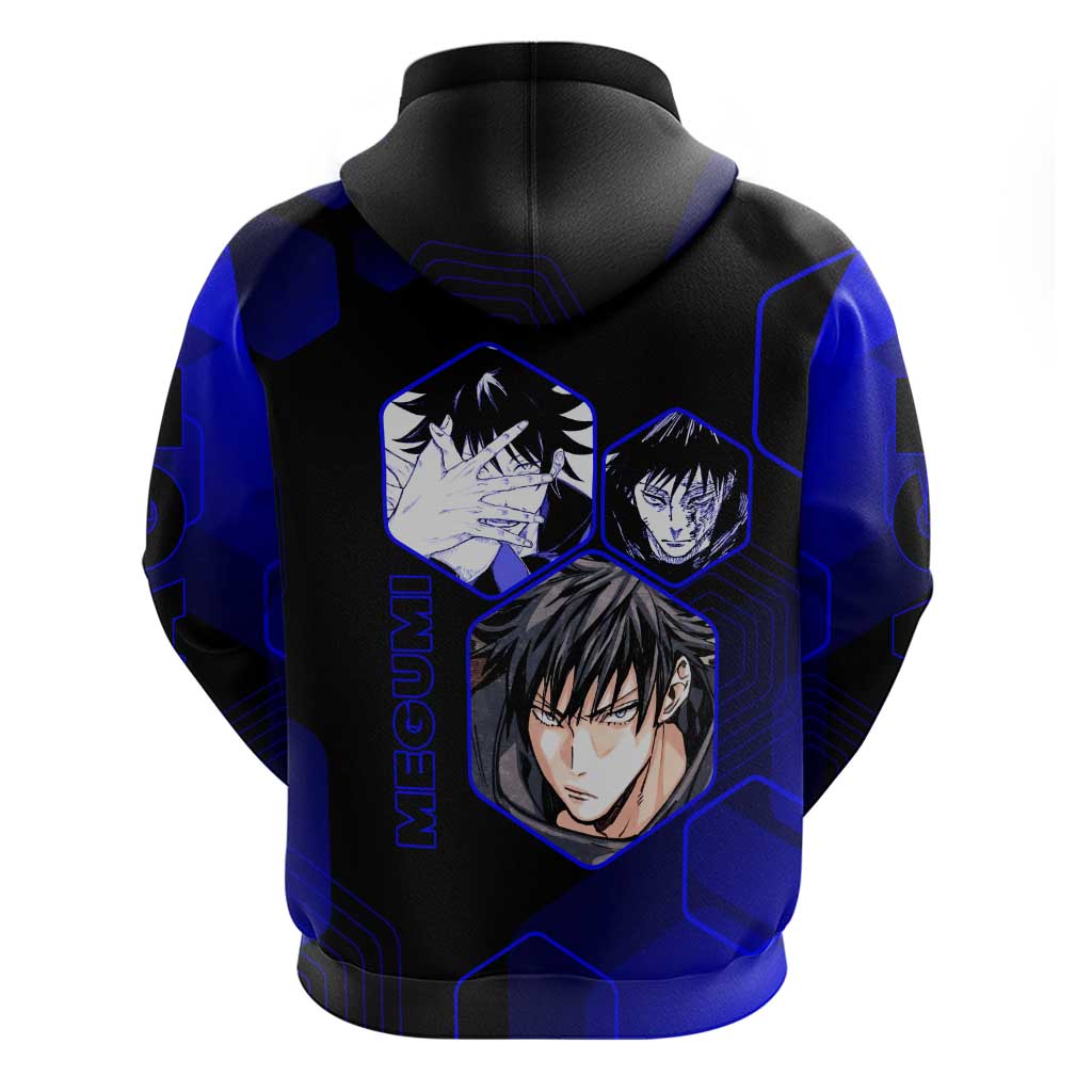 Megumi Fushiguro Jujutsu Kaisen Blue Hexagon Design Zip Hoodie with Shadow Techniques and Manga Style Art - The Mazicc