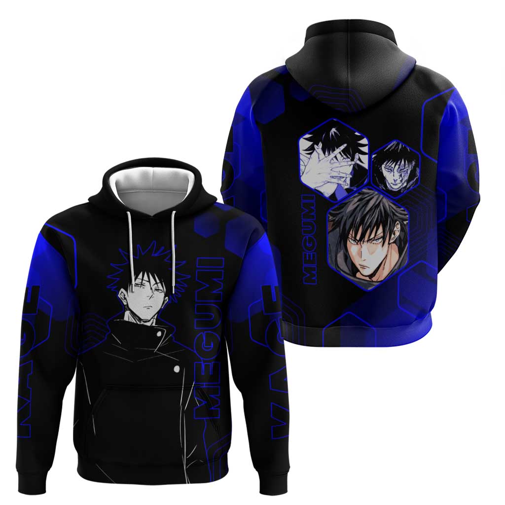 Megumi Fushiguro Jujutsu Kaisen Blue Hexagon Design Zip Hoodie with Shadow Techniques and Manga Style Art - The Mazicc