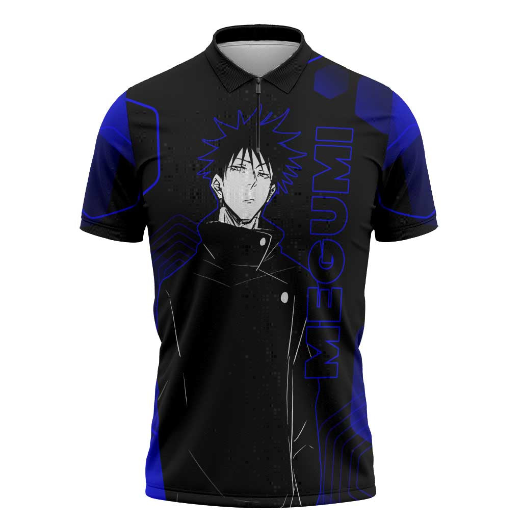 Megumi Fushiguro Jujutsu Kaisen Blue Hexagon Design Zipper Polo Shirt with Shadow Techniques and Manga Style Art - The Mazicc