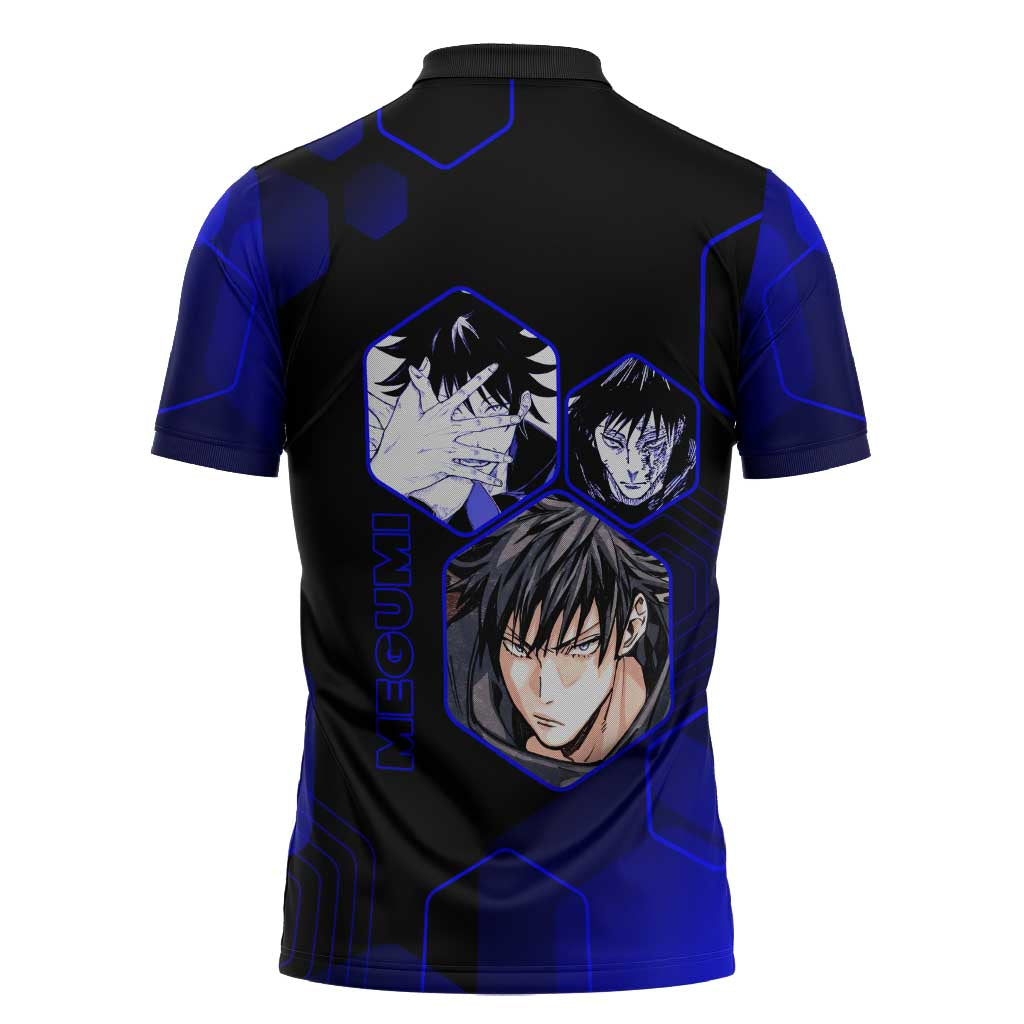 Megumi Fushiguro Jujutsu Kaisen Blue Hexagon Design Zipper Polo Shirt with Shadow Techniques and Manga Style Art - The Mazicc