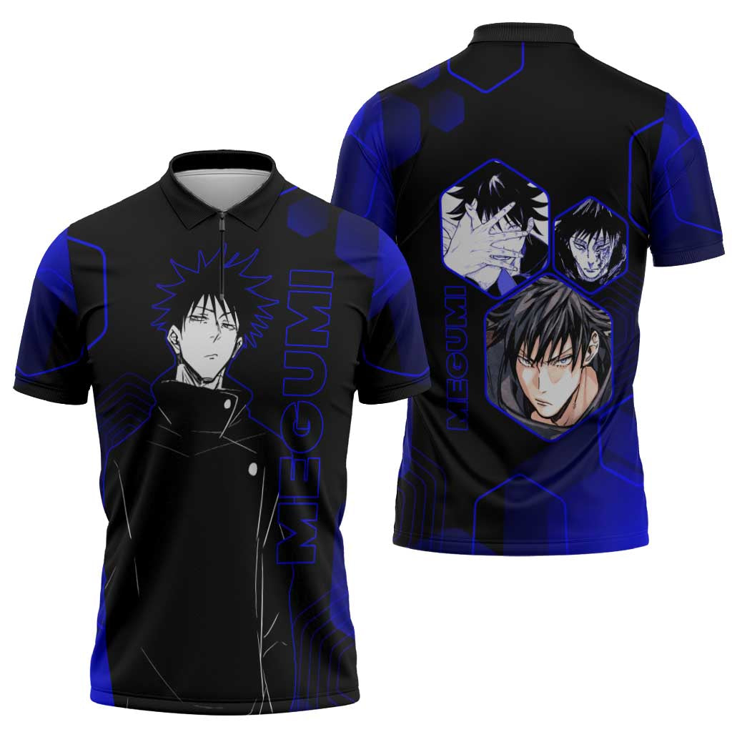 Megumi Fushiguro Jujutsu Kaisen Blue Hexagon Design Zipper Polo Shirt with Shadow Techniques and Manga Style Art - The Mazicc