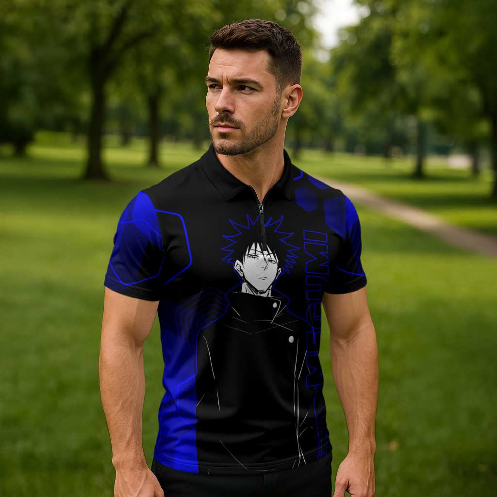 Megumi Fushiguro Jujutsu Kaisen Blue Hexagon Design Zipper Polo Shirt with Shadow Techniques and Manga Style Art - The Mazicc