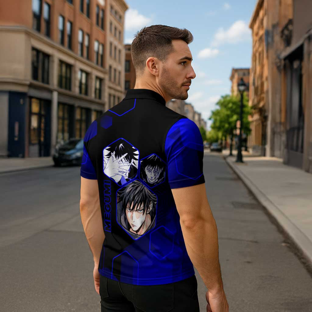 Megumi Fushiguro Jujutsu Kaisen Blue Hexagon Design Zipper Polo Shirt with Shadow Techniques and Manga Style Art - The Mazicc