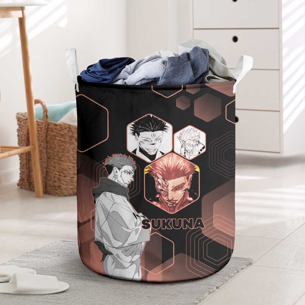 Ryomen Sukuna Jujutsu Kaisen Brown Hexagon Design Laundry Basket with Cursed Marks and Manga Style Art - The Mazicc