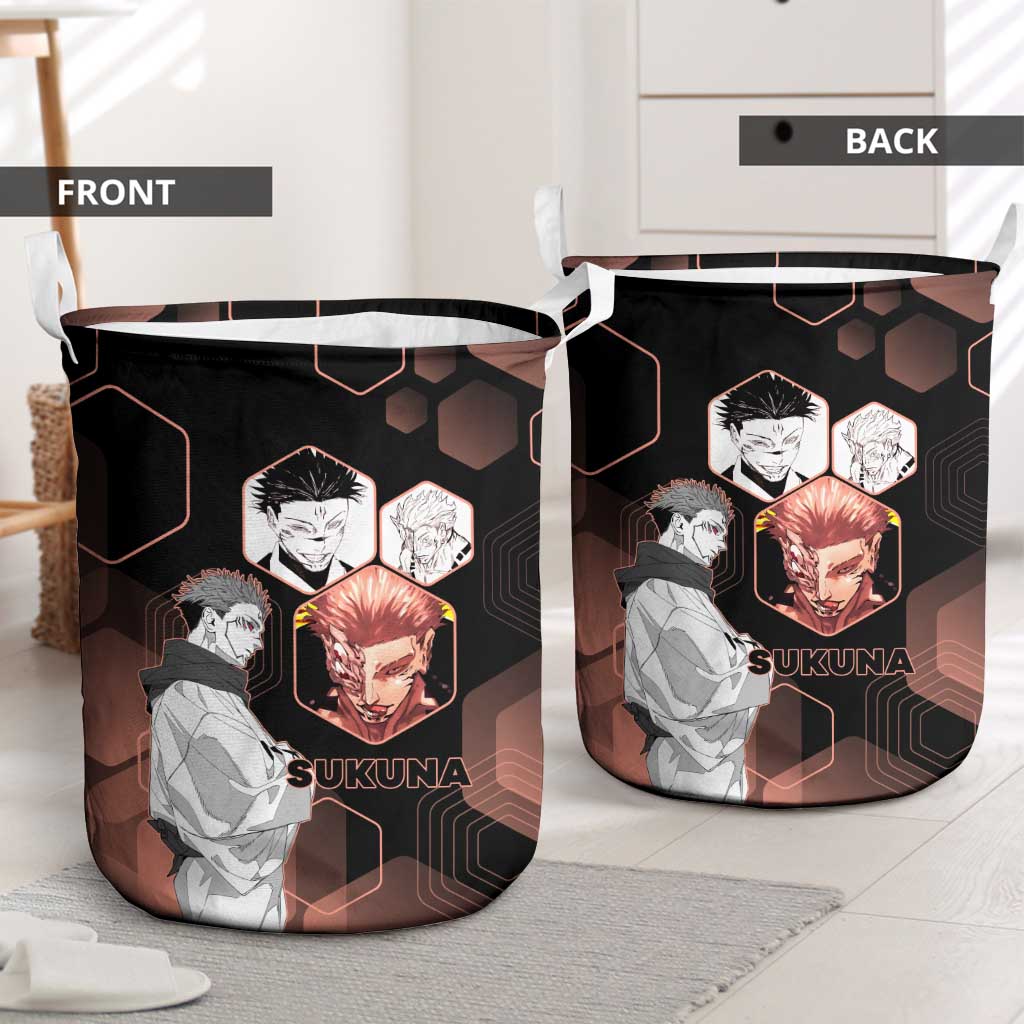 Ryomen Sukuna Jujutsu Kaisen Brown Hexagon Design Laundry Basket with Cursed Marks and Manga Style Art - The Mazicc
