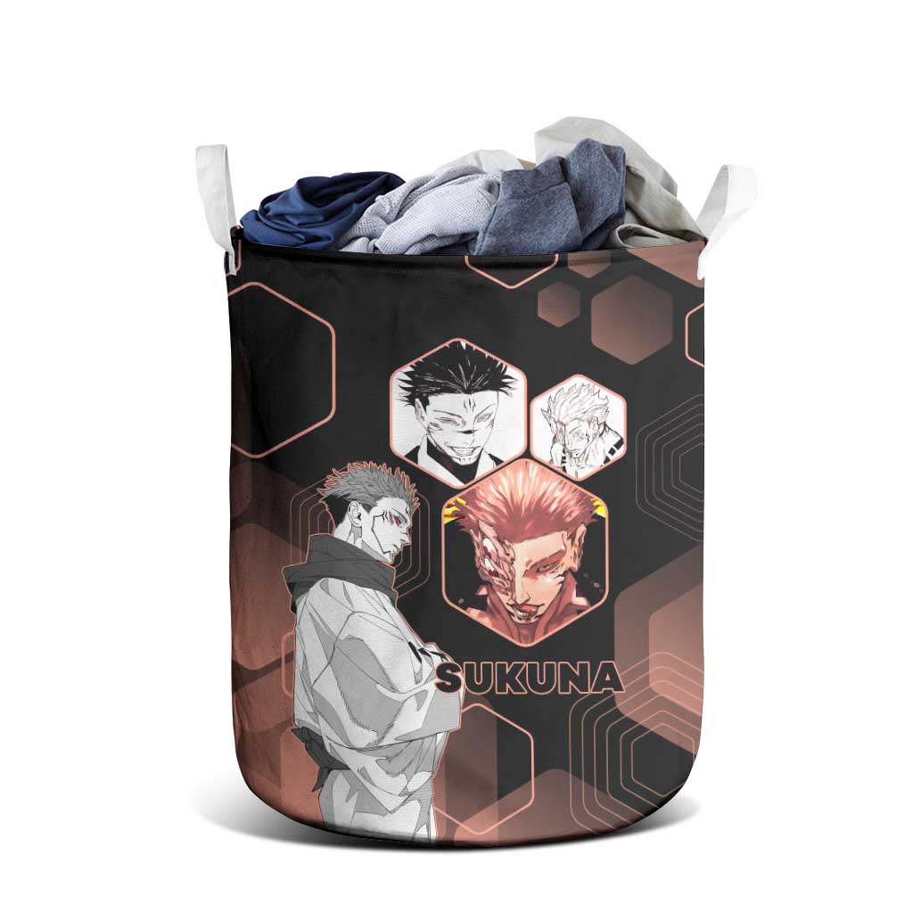 Ryomen Sukuna Jujutsu Kaisen Brown Hexagon Design Laundry Basket with Cursed Marks and Manga Style Art - The Mazicc