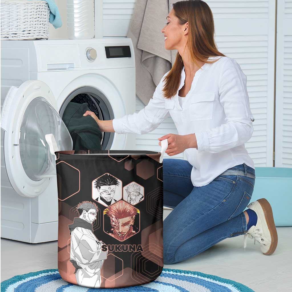 Ryomen Sukuna Jujutsu Kaisen Brown Hexagon Design Laundry Basket with Cursed Marks and Manga Style Art - The Mazicc