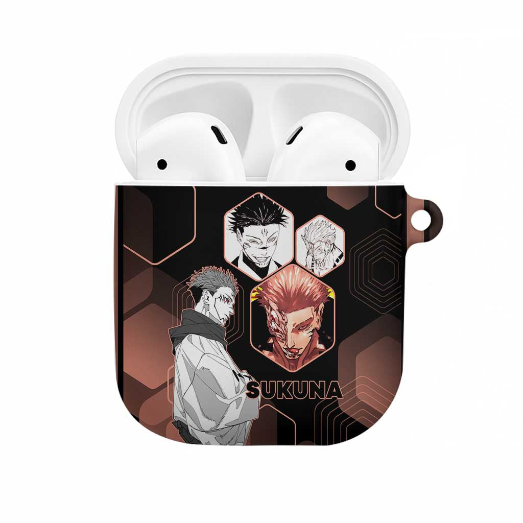 Ryomen Sukuna Jujutsu Kaisen Brown Hexagon Design AirPods Case with Cursed Marks and Manga Style Art - The Mazicc