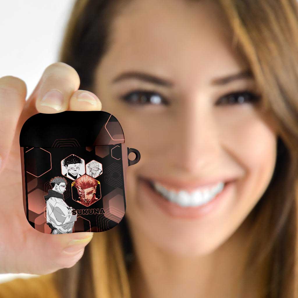 Ryomen Sukuna Jujutsu Kaisen Brown Hexagon Design AirPods Case with Cursed Marks and Manga Style Art - The Mazicc