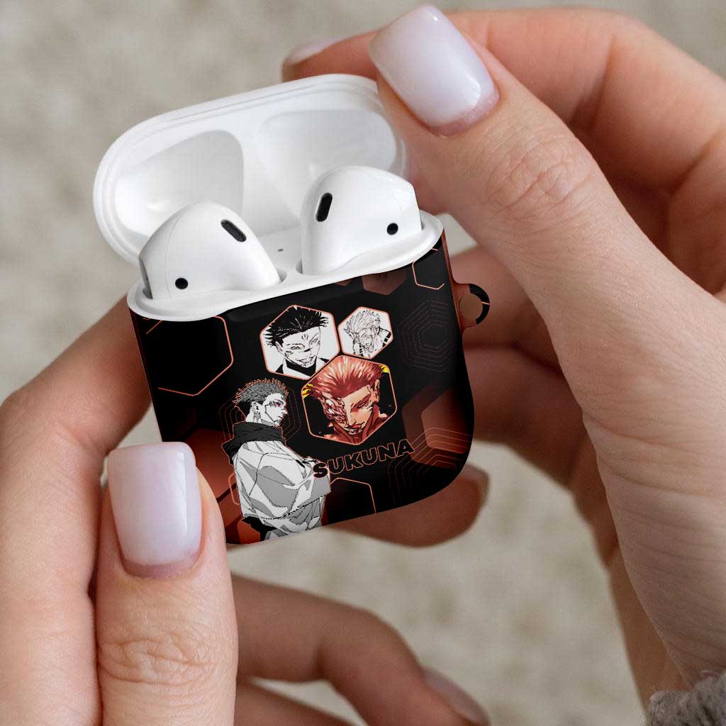 Ryomen Sukuna Jujutsu Kaisen Brown Hexagon Design AirPods Case with Cursed Marks and Manga Style Art - The Mazicc