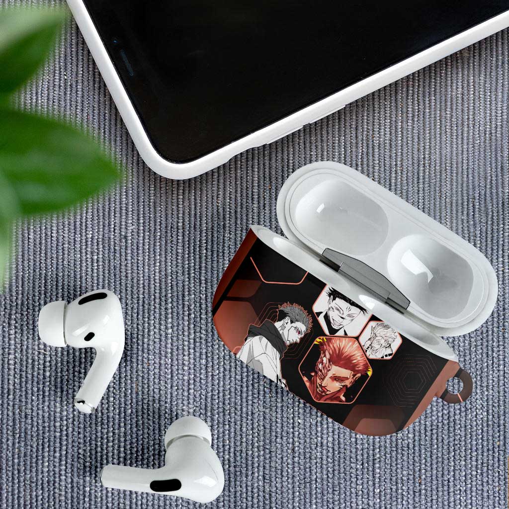 Ryomen Sukuna Jujutsu Kaisen Brown Hexagon Design AirPods Case with Cursed Marks and Manga Style Art - The Mazicc