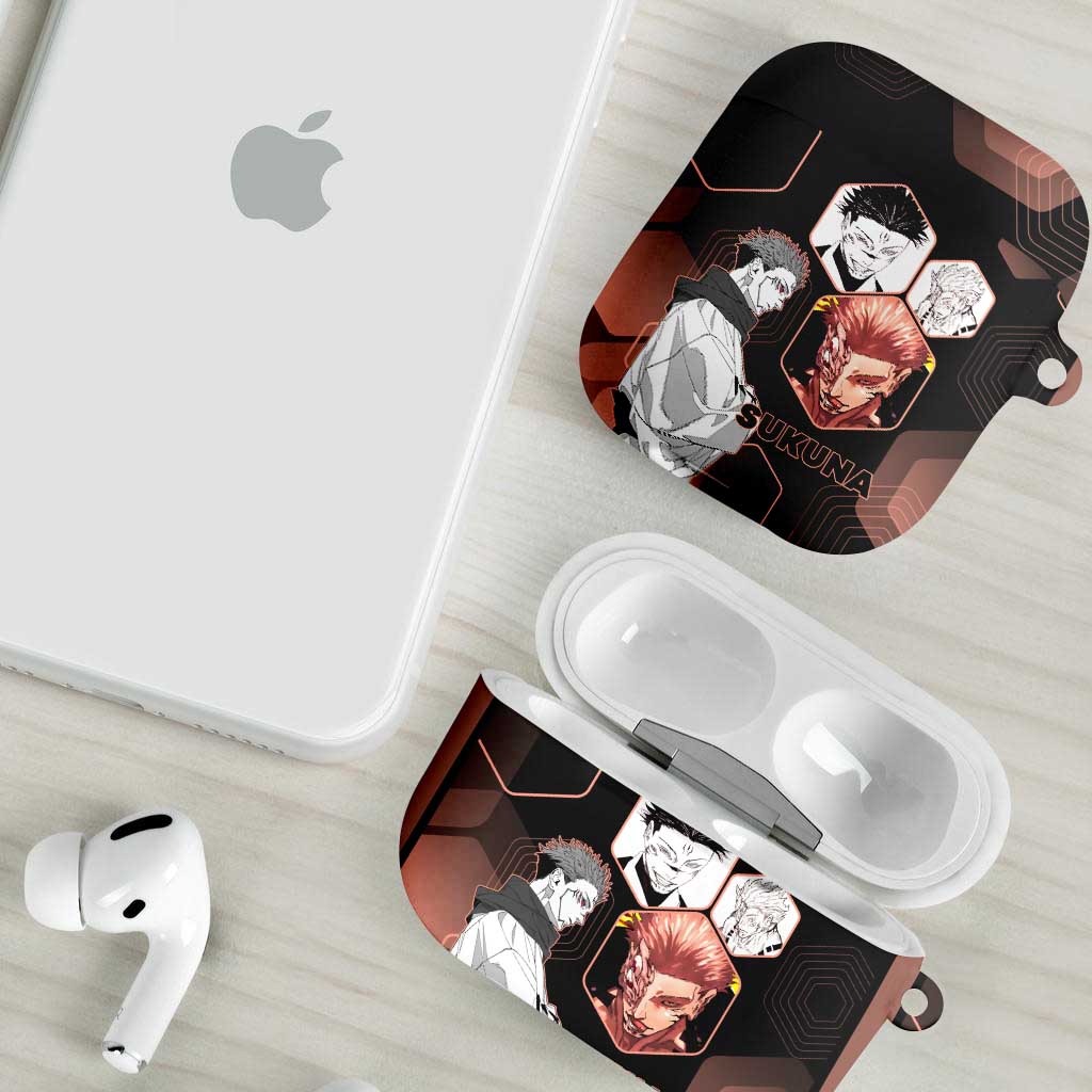 Ryomen Sukuna Jujutsu Kaisen Brown Hexagon Design AirPods Case with Cursed Marks and Manga Style Art - The Mazicc