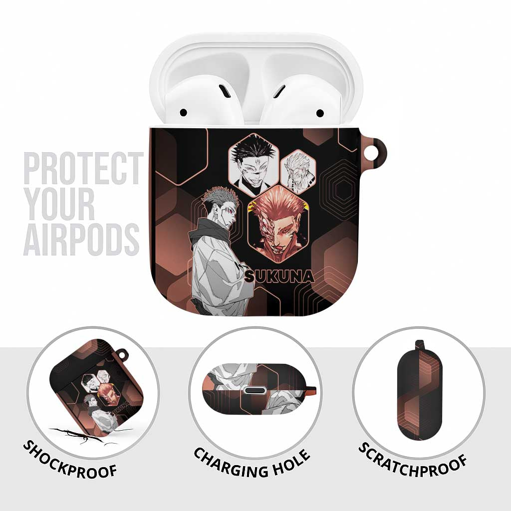 Ryomen Sukuna Jujutsu Kaisen Brown Hexagon Design AirPods Case with Cursed Marks and Manga Style Art - The Mazicc
