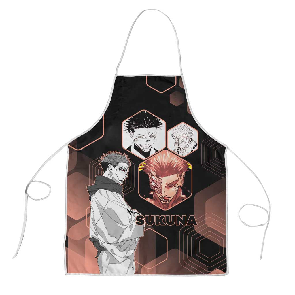 Ryomen Sukuna Jujutsu Kaisen Brown Hexagon Design Apron with Cursed Marks and Manga Style Art - The Mazicc