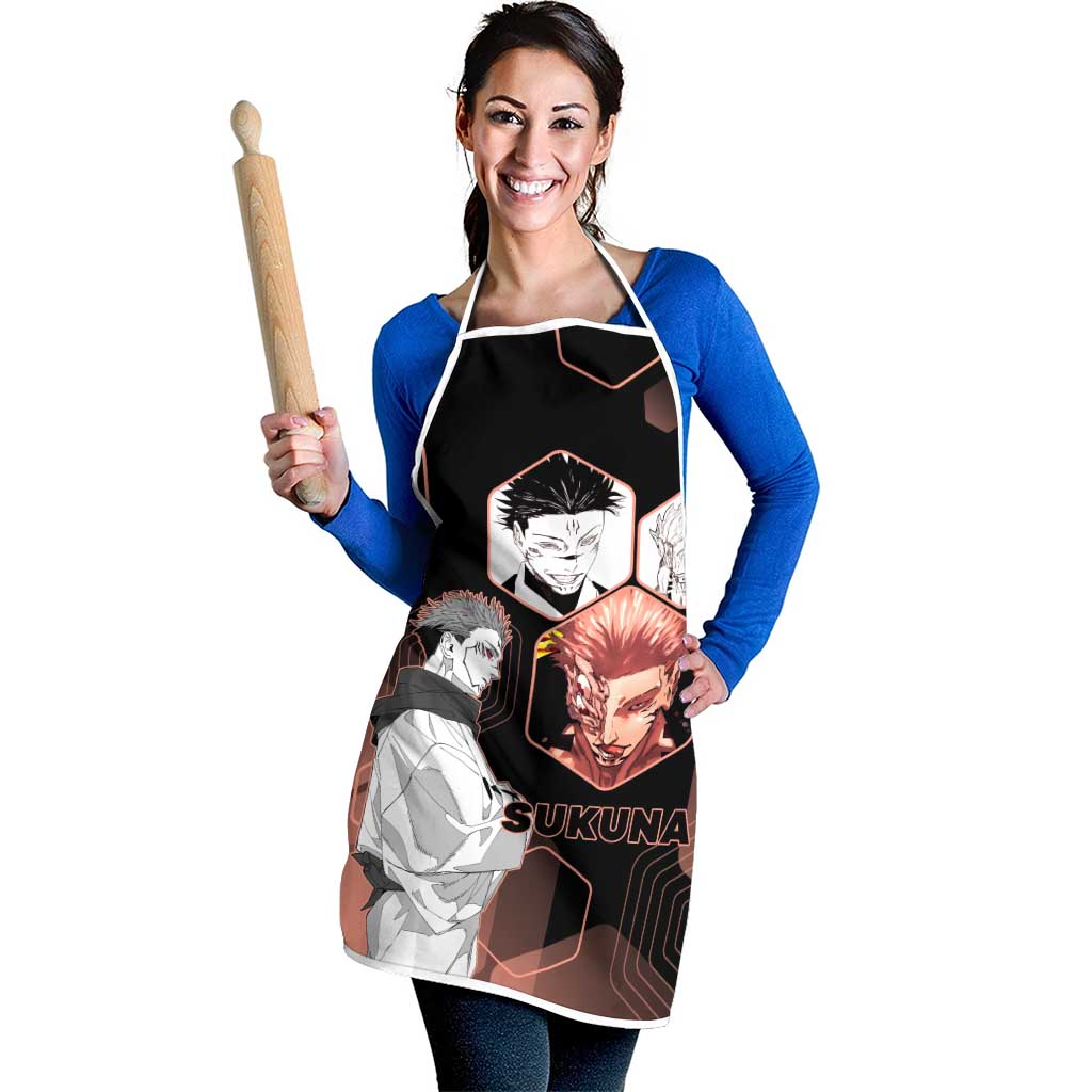 Ryomen Sukuna Jujutsu Kaisen Brown Hexagon Design Apron with Cursed Marks and Manga Style Art - The Mazicc