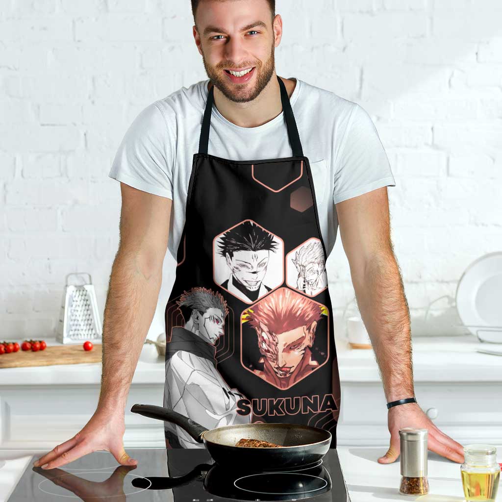 Ryomen Sukuna Jujutsu Kaisen Brown Hexagon Design Apron with Cursed Marks and Manga Style Art - The Mazicc