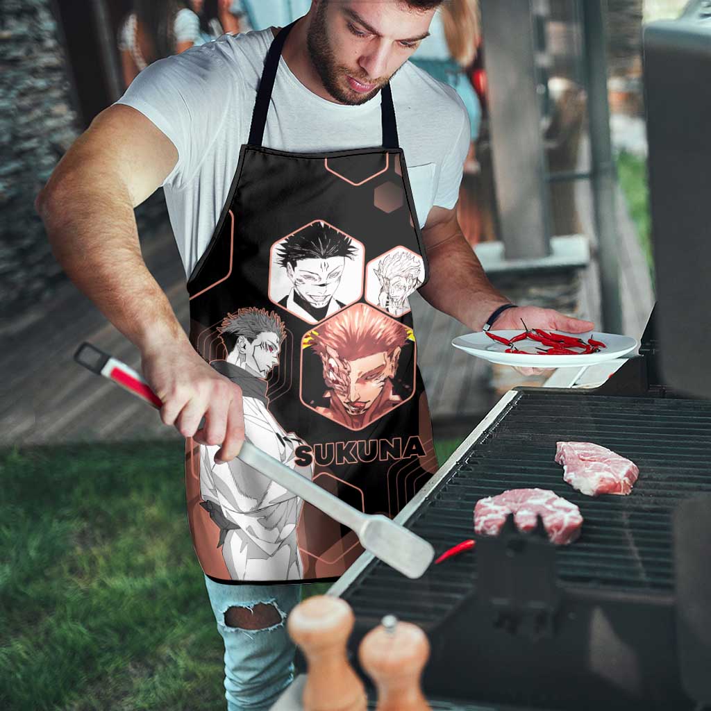 Ryomen Sukuna Jujutsu Kaisen Brown Hexagon Design Apron with Cursed Marks and Manga Style Art - The Mazicc
