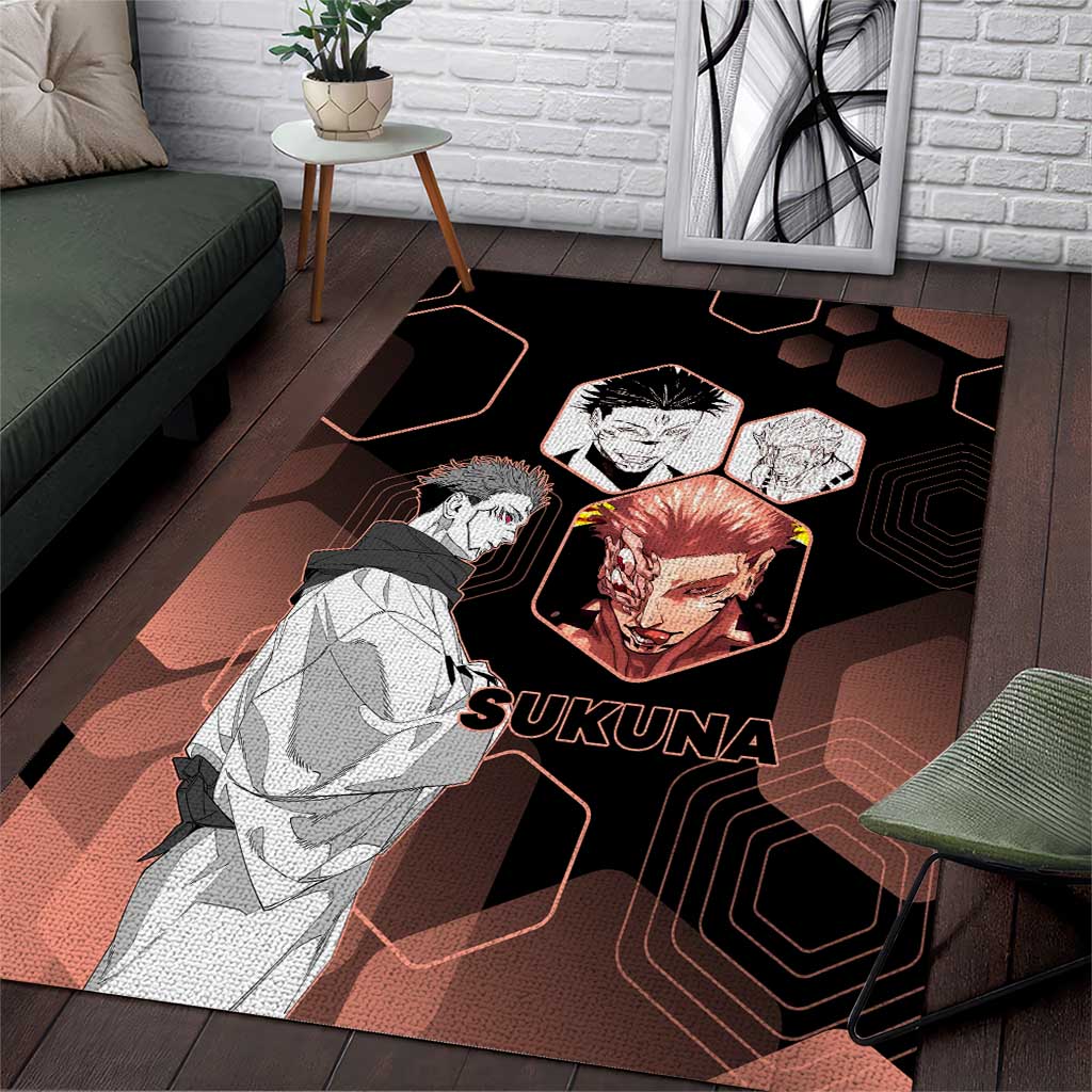 Ryomen Sukuna Jujutsu Kaisen Brown Hexagon Design Area Rug with Cursed Marks and Manga Style Art - The Mazicc