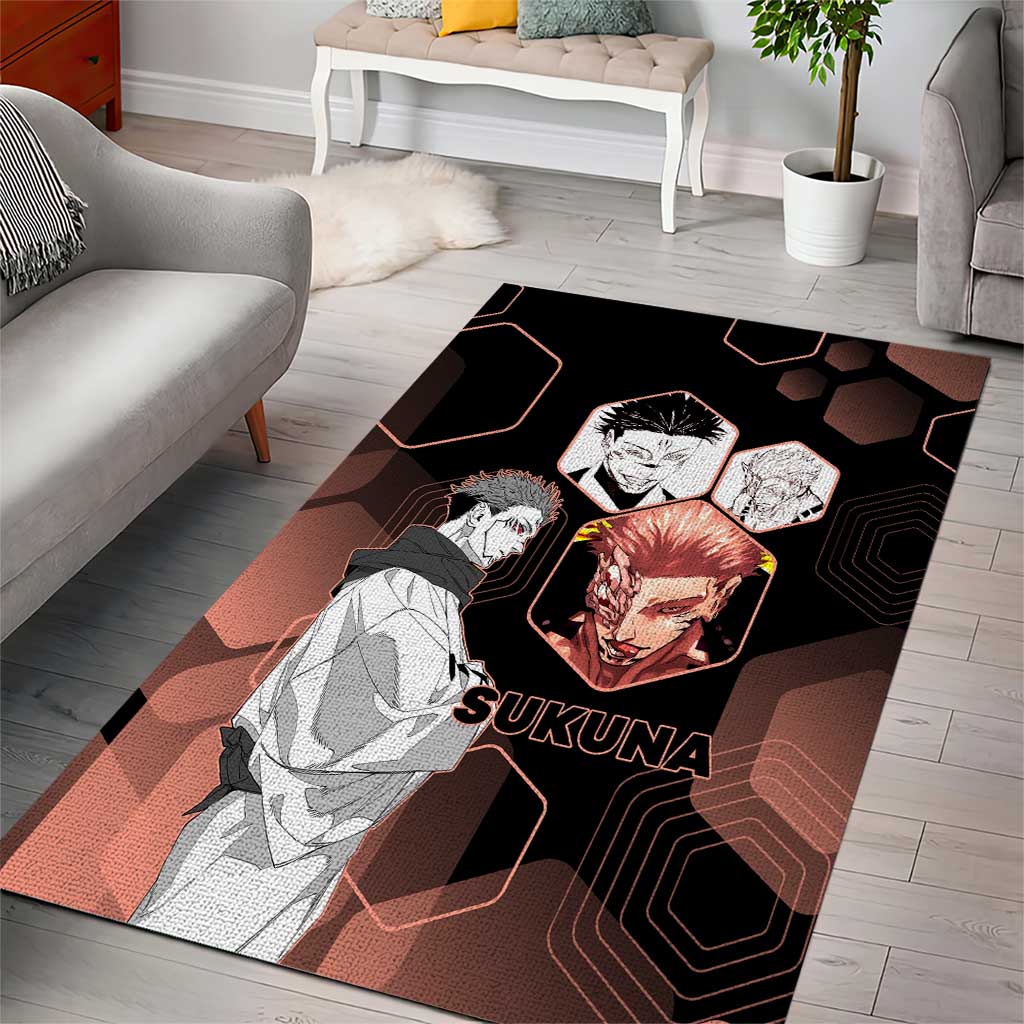Ryomen Sukuna Jujutsu Kaisen Brown Hexagon Design Area Rug with Cursed Marks and Manga Style Art - The Mazicc