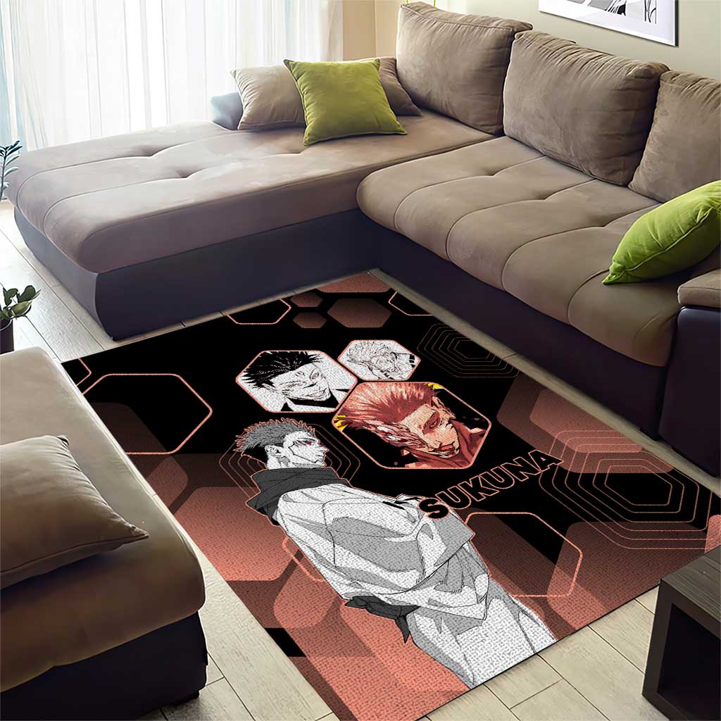 Ryomen Sukuna Jujutsu Kaisen Brown Hexagon Design Area Rug with Cursed Marks and Manga Style Art - The Mazicc