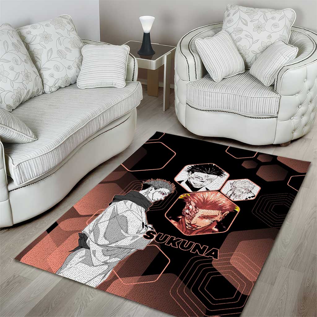 Ryomen Sukuna Jujutsu Kaisen Brown Hexagon Design Area Rug with Cursed Marks and Manga Style Art - The Mazicc