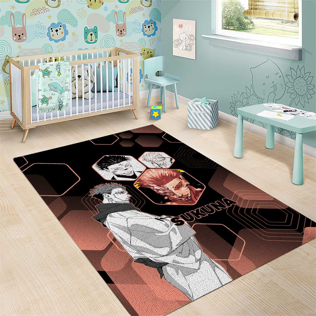 Ryomen Sukuna Jujutsu Kaisen Brown Hexagon Design Area Rug with Cursed Marks and Manga Style Art - The Mazicc
