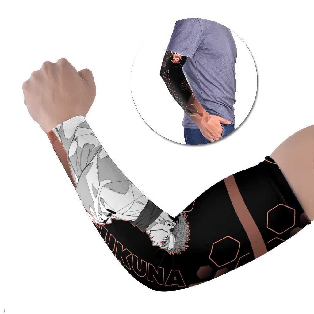 Ryomen Sukuna Jujutsu Kaisen Brown Hexagon Design Arm Sleeves with Cursed Marks and Manga Style Art - The Mazicc