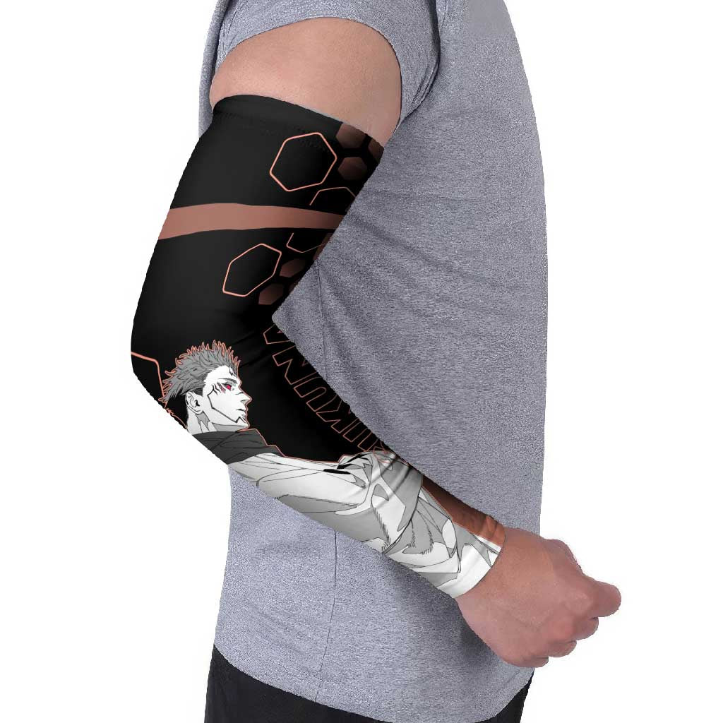 Ryomen Sukuna Jujutsu Kaisen Brown Hexagon Design Arm Sleeves with Cursed Marks and Manga Style Art - The Mazicc