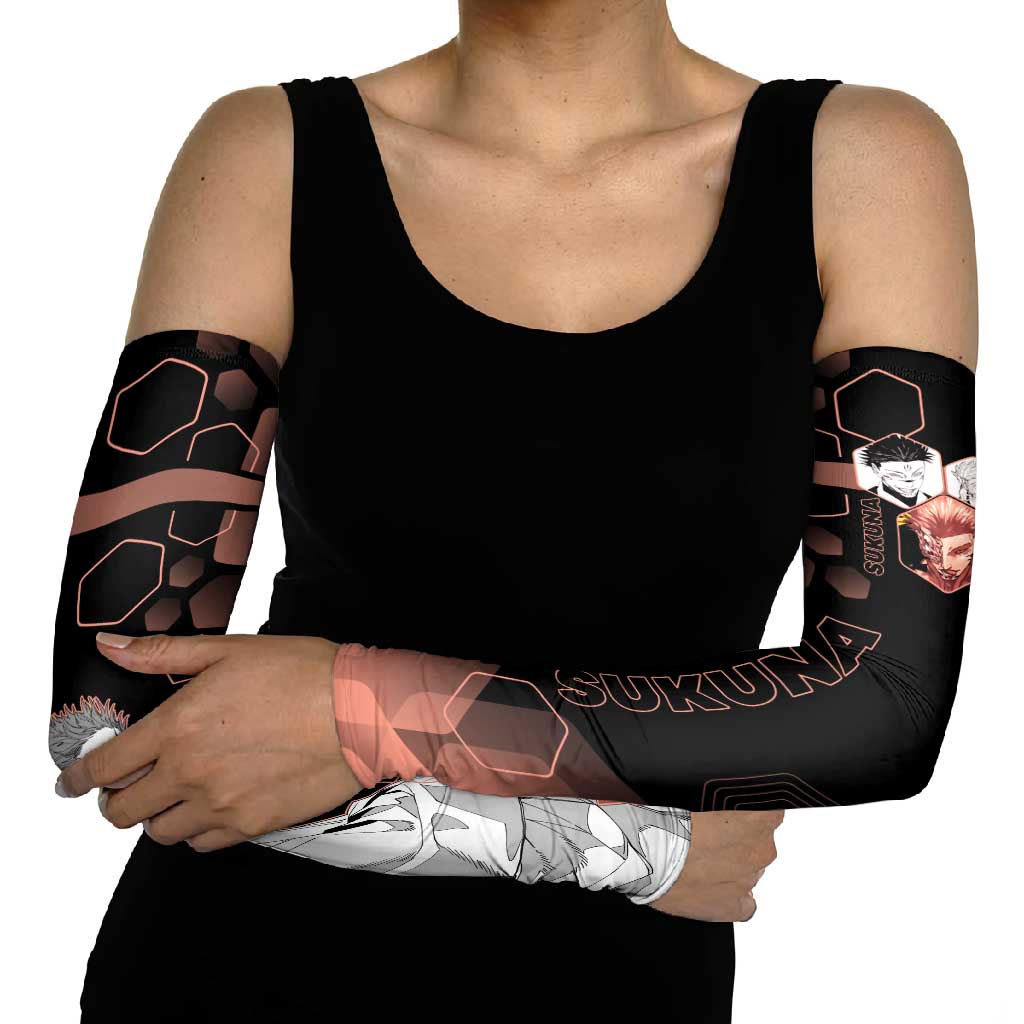 Ryomen Sukuna Jujutsu Kaisen Brown Hexagon Design Arm Sleeves with Cursed Marks and Manga Style Art - The Mazicc