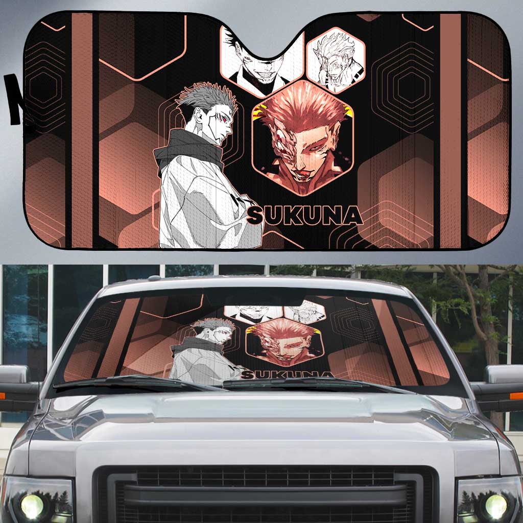 Ryomen Sukuna Jujutsu Kaisen Brown Hexagon Design Auto Sun Shade with Cursed Marks and Manga Style Art - The Mazicc