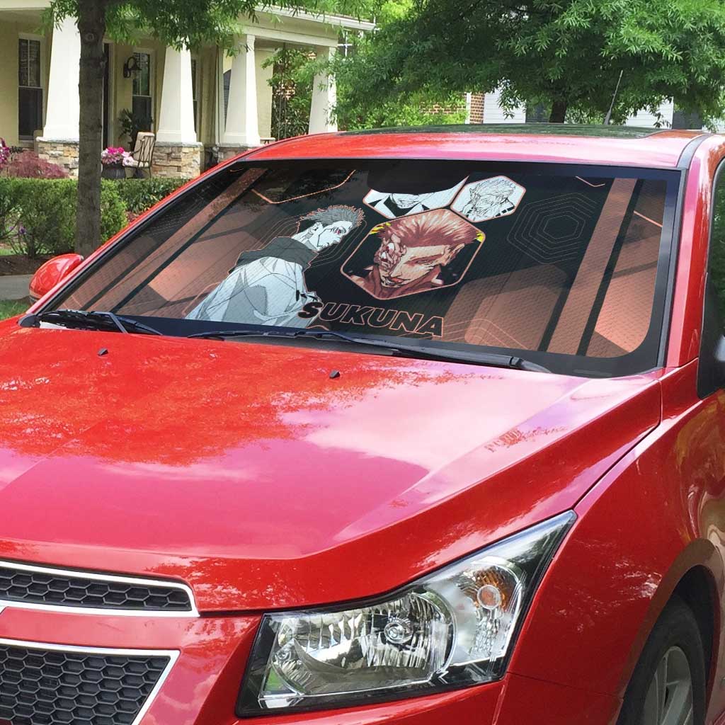 Ryomen Sukuna Jujutsu Kaisen Brown Hexagon Design Auto Sun Shade with Cursed Marks and Manga Style Art - The Mazicc