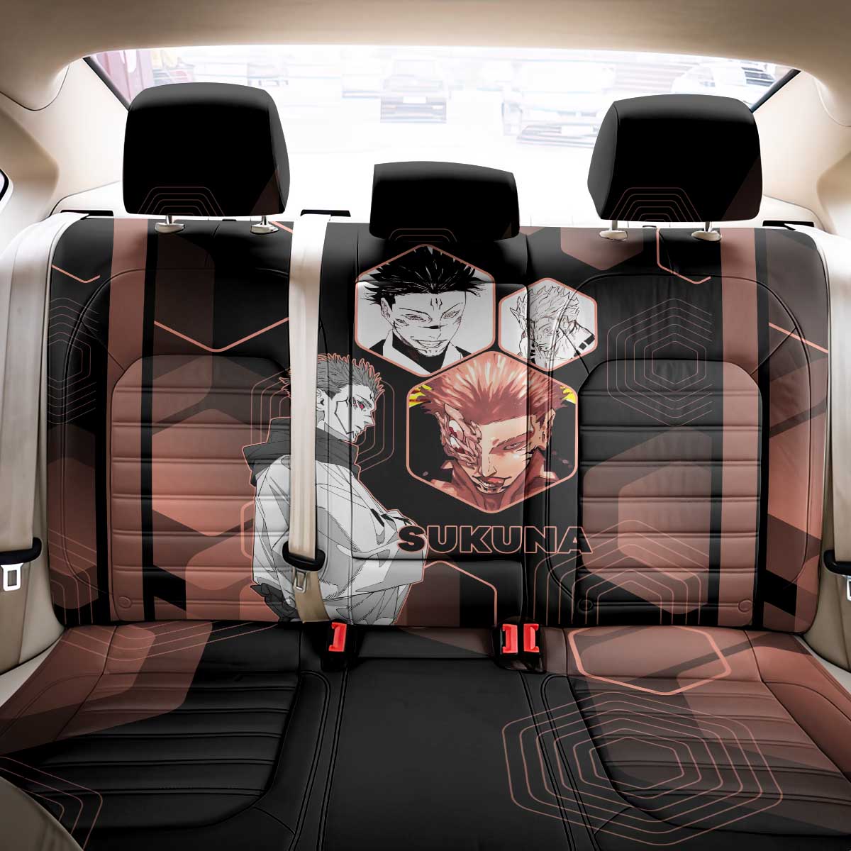 Ryomen Sukuna Jujutsu Kaisen Brown Hexagon Design Back Car Seat Cover with Cursed Marks and Manga Style Art - The Mazicc
