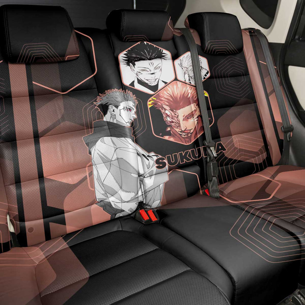 Ryomen Sukuna Jujutsu Kaisen Brown Hexagon Design Back Car Seat Cover with Cursed Marks and Manga Style Art - The Mazicc