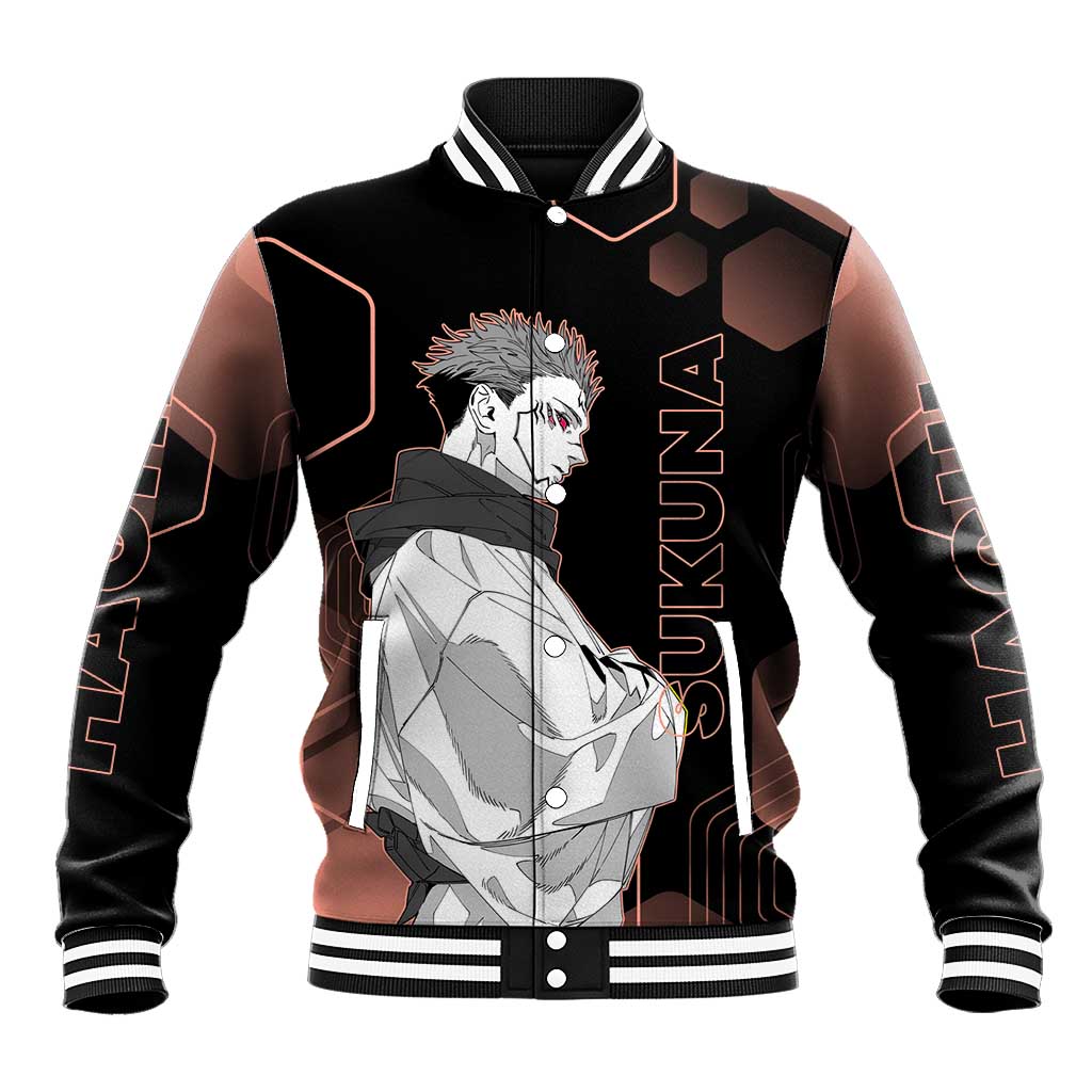 Ryomen Sukuna Jujutsu Kaisen Brown Hexagon Design Baseball Jacket with Cursed Marks and Manga Style Art - The Mazicc