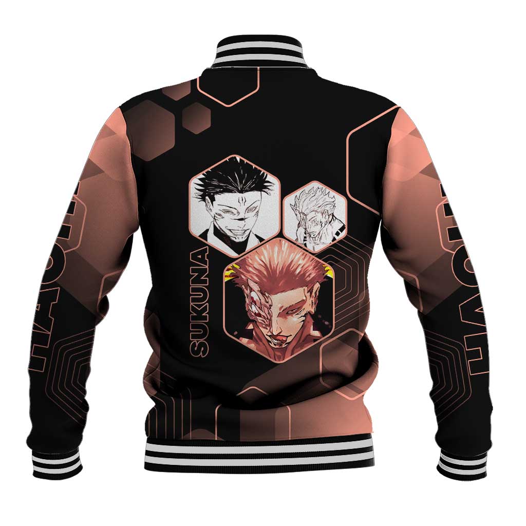 Ryomen Sukuna Jujutsu Kaisen Brown Hexagon Design Baseball Jacket with Cursed Marks and Manga Style Art - The Mazicc