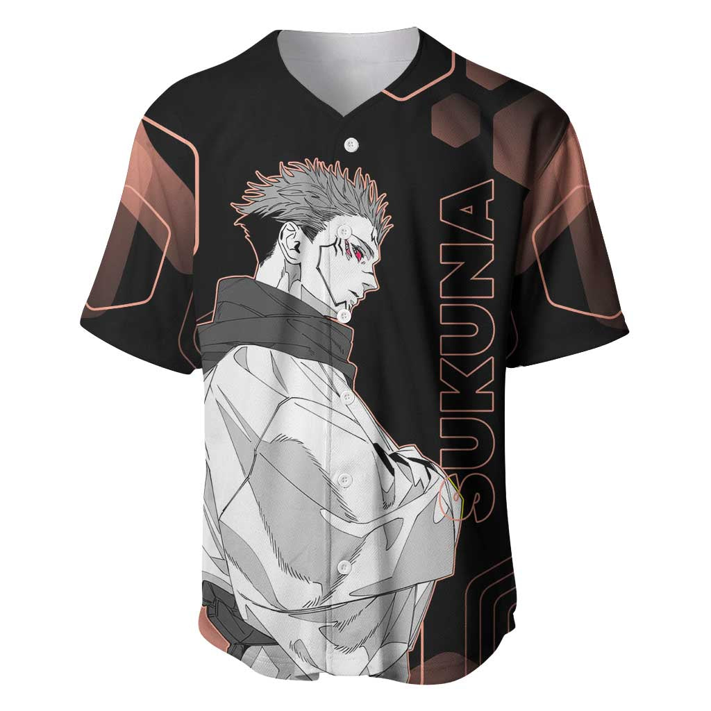 Ryomen Sukuna Jujutsu Kaisen Brown Hexagon Design Baseball Jersey with Cursed Marks and Manga Style Art - The Mazicc