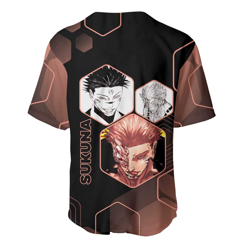 Ryomen Sukuna Jujutsu Kaisen Brown Hexagon Design Baseball Jersey with Cursed Marks and Manga Style Art - The Mazicc