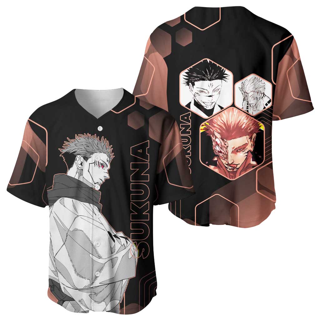 Ryomen Sukuna Jujutsu Kaisen Brown Hexagon Design Baseball Jersey with Cursed Marks and Manga Style Art - The Mazicc