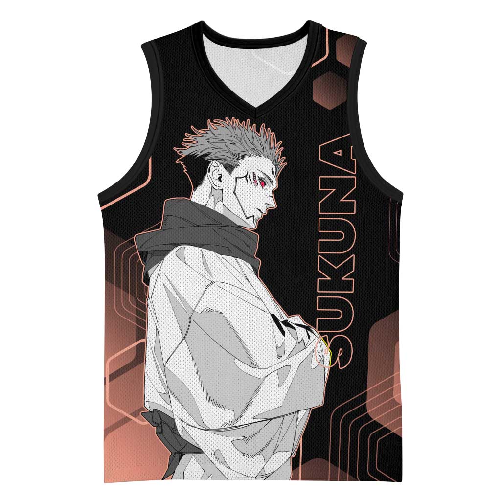 Ryomen Sukuna Jujutsu Kaisen Brown Hexagon Design Basketball Jersey with Cursed Marks and Manga Style Art - The Mazicc