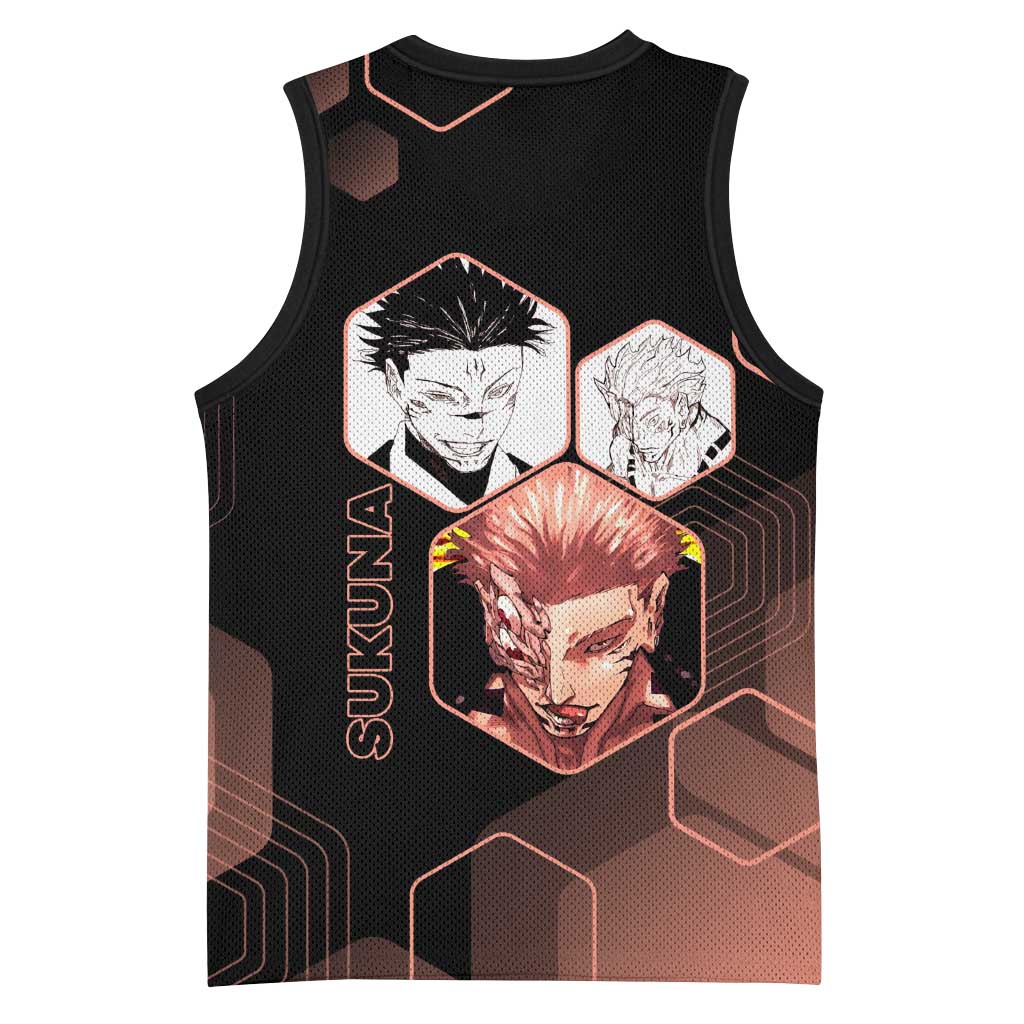 Ryomen Sukuna Jujutsu Kaisen Brown Hexagon Design Basketball Jersey with Cursed Marks and Manga Style Art - The Mazicc