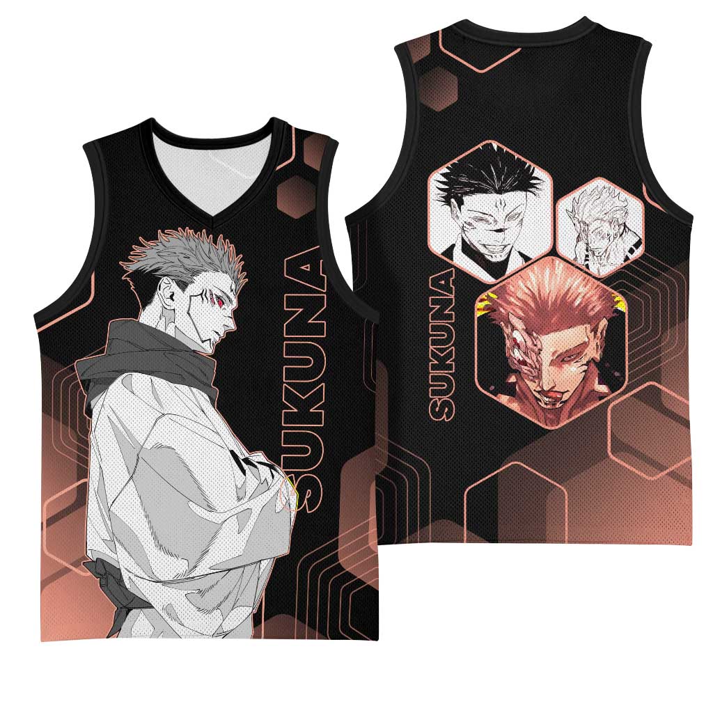 Ryomen Sukuna Jujutsu Kaisen Brown Hexagon Design Basketball Jersey with Cursed Marks and Manga Style Art - The Mazicc