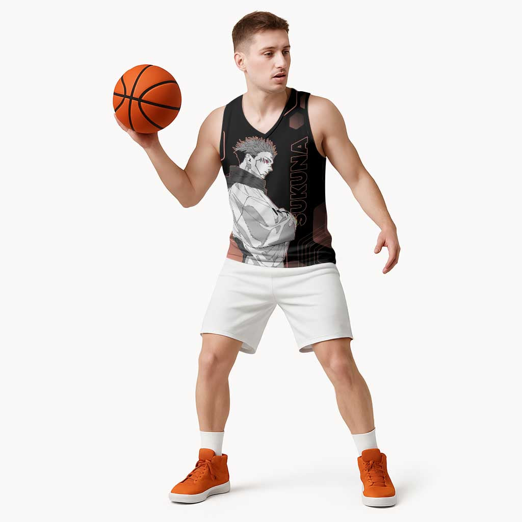 Ryomen Sukuna Jujutsu Kaisen Brown Hexagon Design Basketball Jersey with Cursed Marks and Manga Style Art - The Mazicc