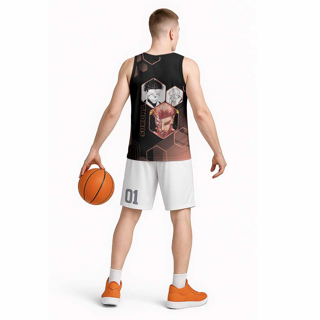 Ryomen Sukuna Jujutsu Kaisen Brown Hexagon Design Basketball Jersey with Cursed Marks and Manga Style Art - The Mazicc