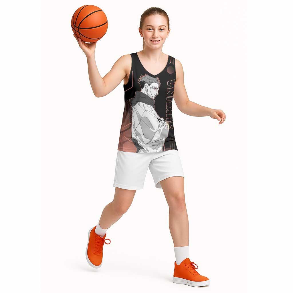 Ryomen Sukuna Jujutsu Kaisen Brown Hexagon Design Basketball Jersey with Cursed Marks and Manga Style Art - The Mazicc